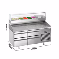 Table réfrigérée à pizza Premium PLUS - 1490x700 mm - avec 4 tiroirs - incl. vitrine réfrigérée - 6x GN 1/4