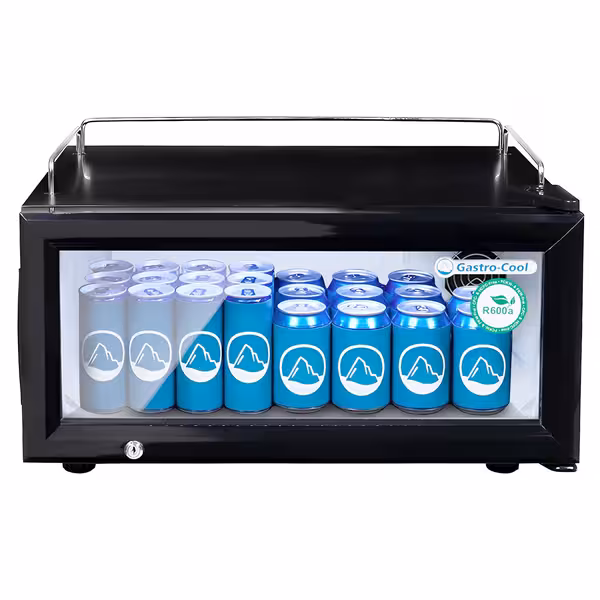 GASTRO-COOL | Hladnjak sa staklenim vratima - 600 mm - 25 l - od 0 °C do +10 °C - s 1 staklena vrata - ventilirano hlađenje, LED rasvjeta, ručno odmrzavanje, zaključavanje vrata, samouzvraćajuća vrata - Crna