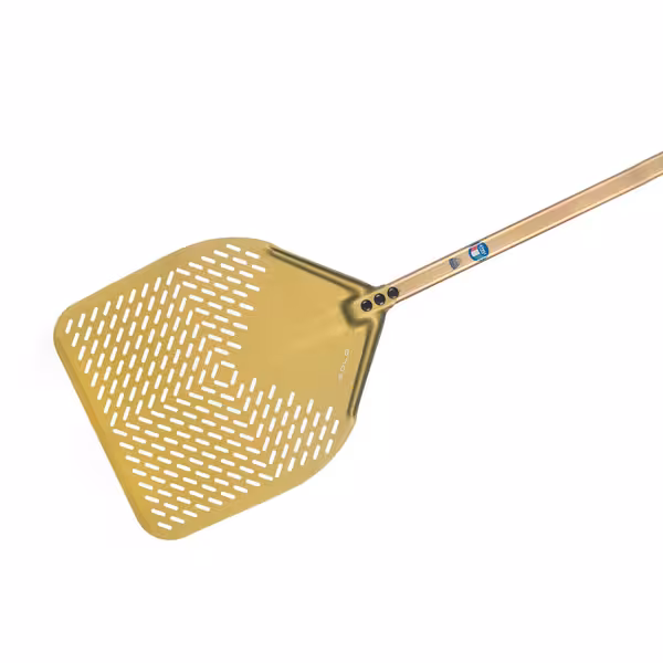 Lopata za pizzu - GOLD - anodizirani aluminij - ojačana lopata - 330x330 mm - perforirana - G.H.A. anodizacija - drška aluminijska