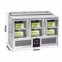 Pult za pripremu salate PREMIUM - 1365 mm - 3 staklena vrata - s ugradnim ležištem za 7x GN 1/3 i stakleni poklopac