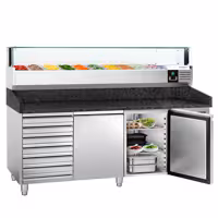 Stół chłodniczy do pizzy PREMIUM – 2000 x 800 mm – z 2 drzwiami i 7 szufladami – z witryną nadstawną chłodniczą LED na 10x GN 1/4