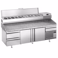 Stół chłodniczy do pizzy PREMIUM PLUS - 3305x800mm - z 3 drzwiami & 3 szufladami - włącznie z witryną chłodniczą nadstawną - 11x GN 1/4