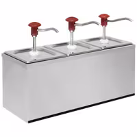 Dispenzer za umake - set s okvirom - kromirani dijelovi; postolje od plemenitog čelika - 3x 2 l - 500x180x340 mm - prikladno za GN 1/6, dubina 200 mm - einstellbarer Dosierung - s spremnikom - uklj. postolje od nehrđajućeg čelika