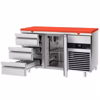Rashladni pult PREMIUM - 1400x700 mm - 281 l - Boja Crvena - Ventilirano hlađenje - s 1 vrata - s 3 ladica - uklj. Ploča za rezanje Crvena