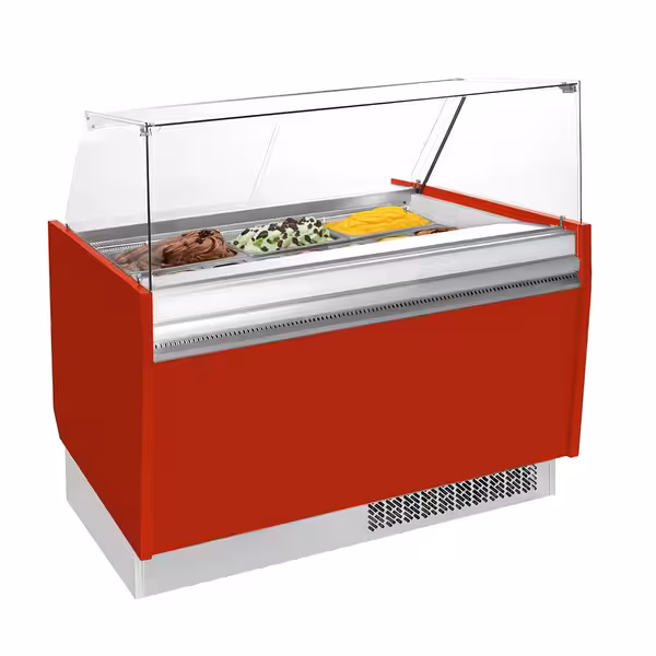 Ice Cream Display Freezer | LIAM - 1310mm - Static cooling - with LED lighting - for 10 x 5 litres Napoli pans - Red - curved glass canopy