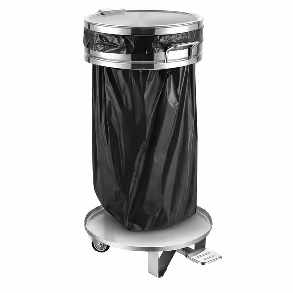 Porta sacco immondizia PREMIUM - 80 litri - Ø390mm x H840mm - con coperchio, pedale, 2 ruote, elastico ferma sacco - Acciaio inox