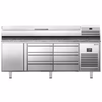 طاولة تحضير بيتزا مبردة PREMIUM PLUS - 1980x700 mm - مع باب واحد و 6 أدراج نصفية - سطح عمل جرانيت - شامل وحدة تبريد علوية - 9x GN 1/4