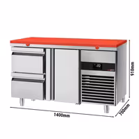 Rashladni pult PREMIUM - 1400x700 mm - Boja Crvena - s 1 vrata - s 2 ladica - Ventilirano hlađenje - uklj. Ploča za rezanje Crvena