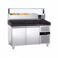 Pizzakylmäpöytä PREMIUM - 1500x800 mm - 2 ovea - sis. kylmävitriini lasisuojuksella LED-valaistuksella - 7 x GN 1/4 -astiaa