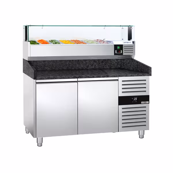Stół chłodniczy do pizzy PREMIUM - 1500x800mm - z blatem granitowym - 2‑drzwiowy - z nadstawką chłodniczą z osłoną szklaną z oświetleniem LED - 7x GN 1/4
