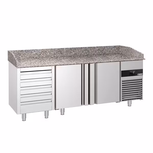 Stół chłodniczy do pizzy PREMIUM – 2100 x 800 mm – z 2 drzwiami i 5 szufladami