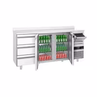 Stół chłodniczy barowy do napojów PREMIUM – 2130 x 600 mm – z 2 drzwiami, 3 szufladami, rantem i odbijakiem do kawy