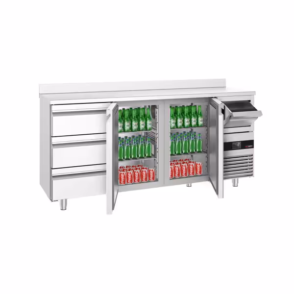 Stół chłodniczy barowy do napojów PREMIUM – 2130 x 600 mm – z 2 drzwiami, 3 szufladami, rantem i odbijakiem do kawy