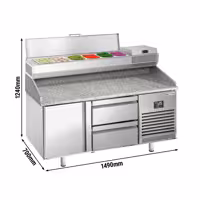 Pizzapult PREMIUM PLUS - 1490x700 mm - 1 ajtó + 2 fiók - feltéthűtővel - 6x GN 1/4 - gránit munkalappal