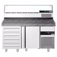 Stół chłodniczy do pizzy PREMIUM - 1550x800mm - z blatem granitowym - 1‑drzwiowy, 5 szuflad - z nadstawką chłodniczą z osłoną szklaną - 6x GN 1/3
