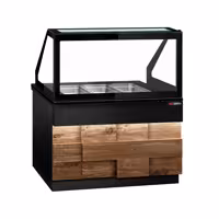 Saladette refrigerata professionale TORONTO - 1250mm - rivestimento frontale in legno - 2 porte - con vetrina in vetro dritto per 3x GN 1/1, 1 ripiano - piano di lavoro in granito nero
