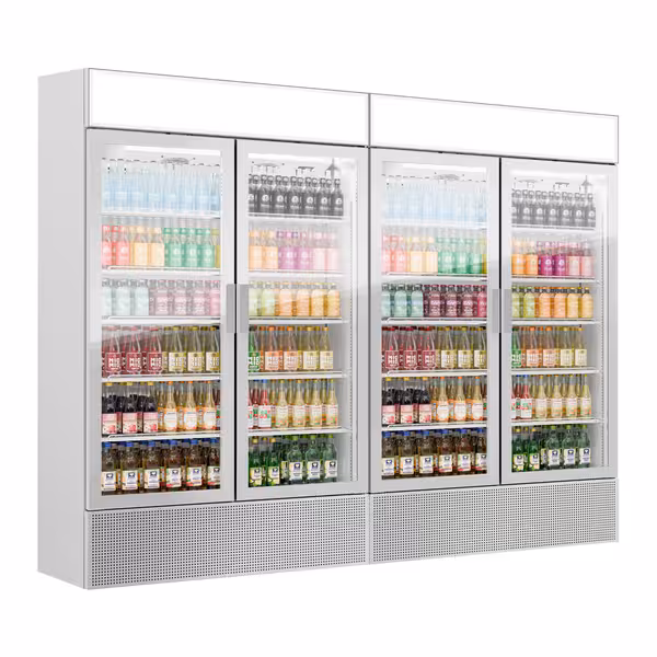(2 pz) Vetrina frigo per bibite - 2400mm - 2400l - porta in vetro senza cornice - con 4 porte in vetro & cassonetto pubblicitario illuminato & illuminazione LED