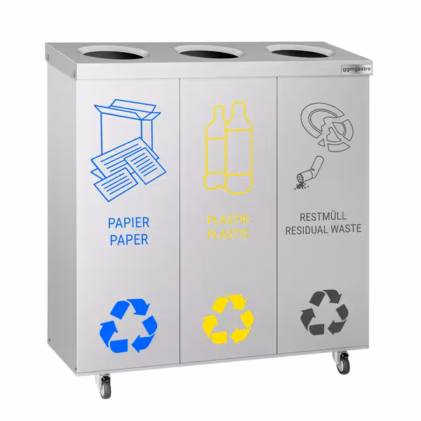 Pattumiera per raccolta differenziata - 3 scomparti da 25 litri ciascuno - 755x255x725mm - con 4 ruote (2 con freno), contenitori estraibili, set adesivi per carta/plastica/indifferenziato/organico - Acciaio inox