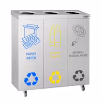 Ecoponto - Módulo de encastre - 3 compartimentos de 25L cada - 755x725x255mm - com rodas - 2 rodas com travão, autocolantes de reciclagem incluídos - Aço inoxidável