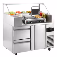 Kallskänkskylbänk - 1 210x700 mm - 1 dörr & 2 lådor - för 9x GN 1/6 kantiner - inkl. kontaktgrill