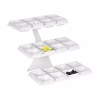 Etagere / Buffet Stand - Powder-coated stainless steel & melamine - White - square - Height: 420mm - incl. 24 Melamine bowls 100x100mm - with 3 shelves