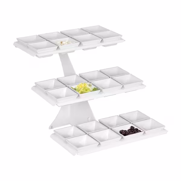 Etagere / Buffet Stand - Powder-coated stainless steel & melamine - White - square - Height: 420mm - incl. 24 Melamine bowls 100x100mm - with 3 shelves