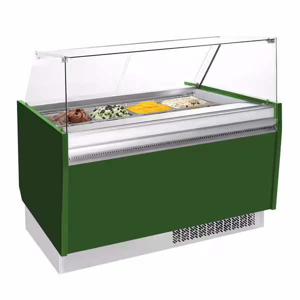 Ice Cream Display Freezer | LIAM - 1560mm - Static cooling - with LED lighting - for 13+13 x 5 litres Napoli pans - Green