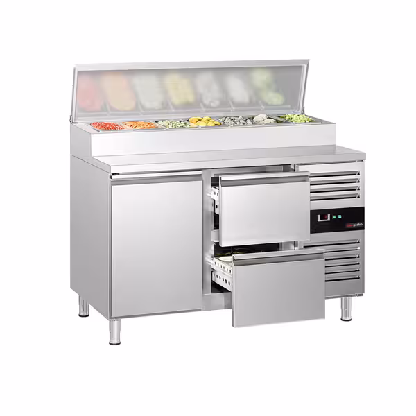 Stół przygotowawczy PREMIUM – 1360 mm – na 7x GN 1/3 – z 1 drzwiami i 2 szufladami