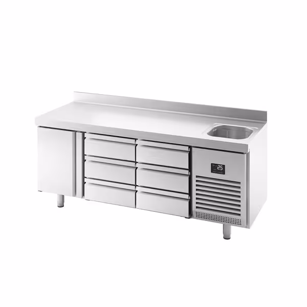 Mostrador refrigerado PREMIUM PLUS - 1960x600mm - de trabajo - 1 puerta - 6 cajones (bloque 6x1/3) - con fregadero y peto trasero