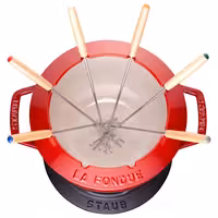 STAUB | Cast Iron Fondue Set – Ø 18 cm - Cherry Red - 6 Forks, Burner, Board