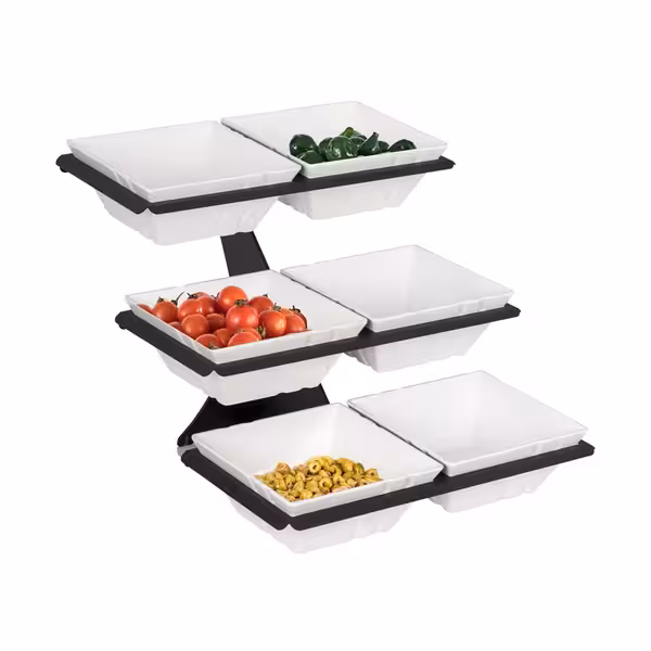 Etagere / Buffet Stand - Black - square - Height: 415mm - incl. 6 Melamine bowls 498x240mm - with 3 shelves - Powder-coated stainless steel frame & Melamine bowls