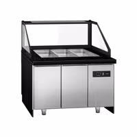 Saladette refrigerata professionale TORONTO - 1250mm - rivestimento frontale in legno - 2 porte - con vetrina in vetro dritto per 3x GN 1/1, 1 ripiano - piano di lavoro in granito nero