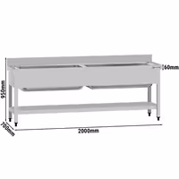 Grovdiskbänk i rostfritt stål ECO - 2 000x700 mm - med underhylla - 2 hoar - extra djup ho - med stänkskydd