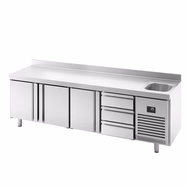 Mostrador refrigerado PREMIUM PLUS - 2452x700mm - de trabajo con fregadero - 3 puertas y 3 cajones (bloque 3x1/3) - con peto posterior - 630l