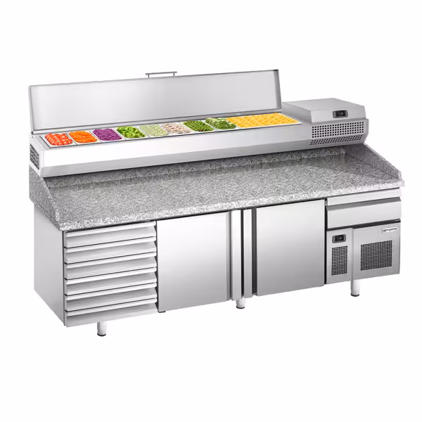 Stół chłodniczy do pizzy Premium PLUS - 2305x800mm - z 2 drzwiami & 7 szufladami - włącznie z witryną chłodniczą nadstawną - 10x GN 1/3