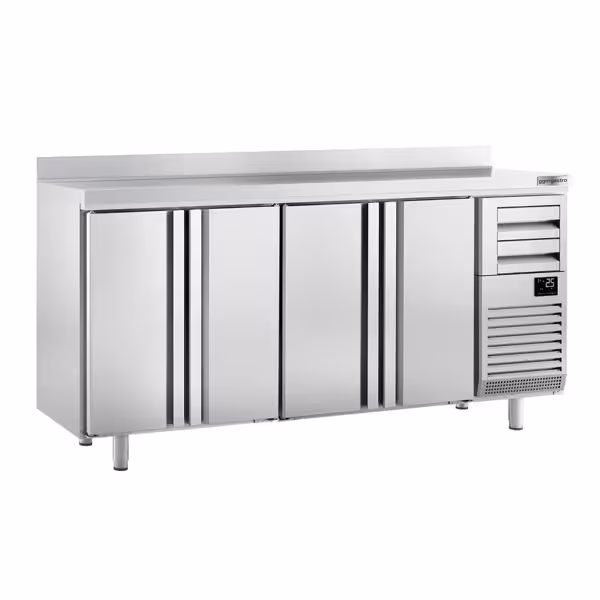 Stół chłodniczy barowy do napojów Premium PLUS – 2450 x 600 mm – z 4 drzwiami, 2 szufladami i rantem