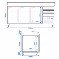 Stół chłodniczy do pizzy PREMIUM – 2150 x 800 mm – z 3 drzwiami i 3 szufladami