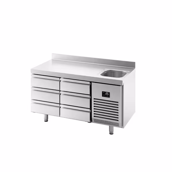 Mostrador refrigerado PREMIUM PLUS - 1468x600mm - de trabajo con fregadero - con 6 cajones (bloque 6x1/3) - encimera con alzatina - 250l