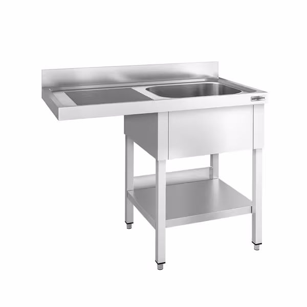 طاولة غسيل الصحون PREMIUM - 1200x600mm - مع حوض واحد يمين - ستانلس ستيل 304 - مع رف سفلي - مع حاجز خلفي - مع لوح تصريف