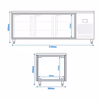 Stół chłodniczy barowy do napojów Premium PLUS – przelotowy – 2185 x 800 mm – EN 600 x 400 – z 3 drzwiami szklanymi – do cukierni i piekarni