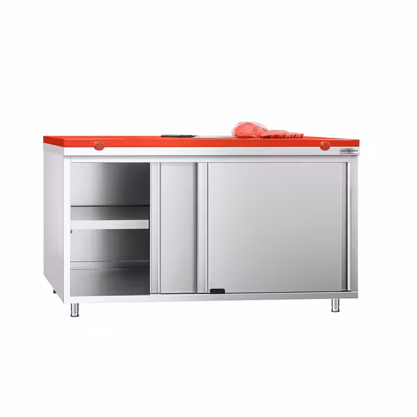 Arbetskåp i rostfritt stål PREMIUM - 1600x700 mm - 2 skjutdörrar - inkl. skärbräda röd