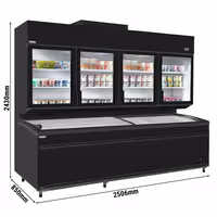 Commercial multideck display freezer - 2500mm - 1244L - with 4 double‑glazed hinged glass doors & 6 shelves - incl. island freezer - Black