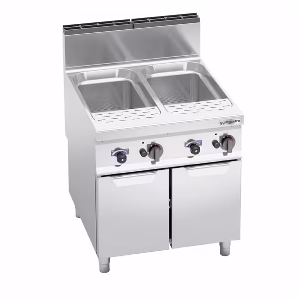 Gázüzemű ipari tésztafőző álló - 2x 40 liter - 24 kW - leeresztőcsapokkal - alsó szekrénnyel, 4 ajtóval