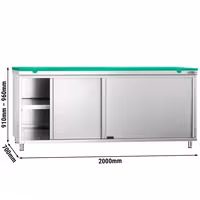 Arbetskåp i rostfritt stål PREMIUM - 2000x700 mm - med 2 skjutdörrar - inkl. skärbräda grön
