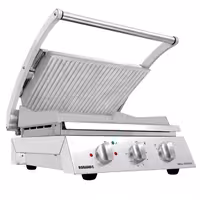 ROBAND | Kontaktinis grilis | Mėsainių grilis - 3.1 kW - su grioveliais viršuje ir lygia apačia - grilinimo paviršius: 500x275mm