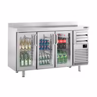 Stół chłodniczy barowy do napojów Premium PLUS – 1960 x 600 mm – z 3 drzwiami szklanymi, 2 szufladami i rantem