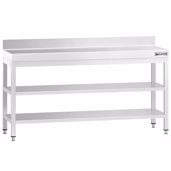 طاولة عمل ستانلس ستيل PREMIUM - 2000x800mm - مع رف سفلي & حاجز خلفي & رف وسطي & تدعيم