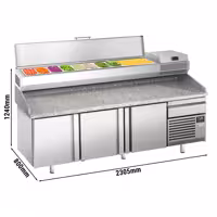 Stół chłodniczy do pizzy Premium PLUS – 2305 x 800 mm – z 3 drzwiami i 1 szufladą – wraz z witryną chłodniczą – 10 pojemników GN 1/3