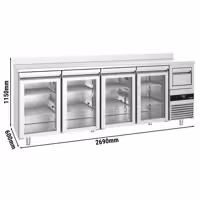Stół chłodniczy barowy do napojów PREMIUM – 2690 x 600 mm – z 4 drzwiami szklanymi, rantem i odbijakiem do kawy