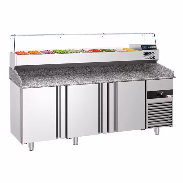 Stół chłodniczy do pizzy PREMIUM - 2100x800mm - z blatem granitowym - 3‑drzwiowy - z nadstawką chłodniczą z osłoną szklaną - 10x GN 1/3
